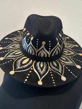 Black Wide-Brim Fedora with Gold Hand-Painted Motif